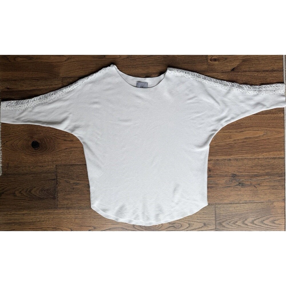 LIV Milano White Dolman Sleeve Sweater Lace Rhinestone Trim Knit Top Large